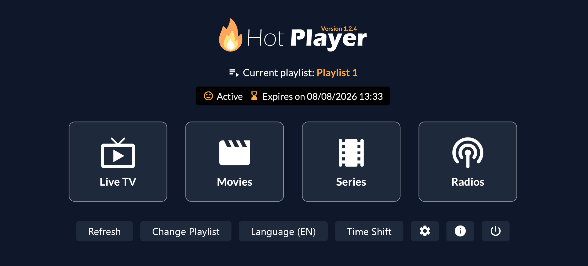 Hot Player home screen showing an active playlist with Live TV, Movies, Series and Radios