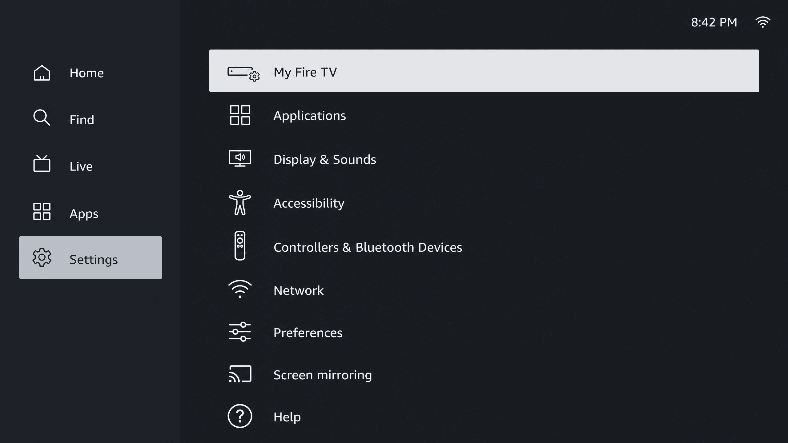 Fire TV Settings menu with My Fire TV highlighted