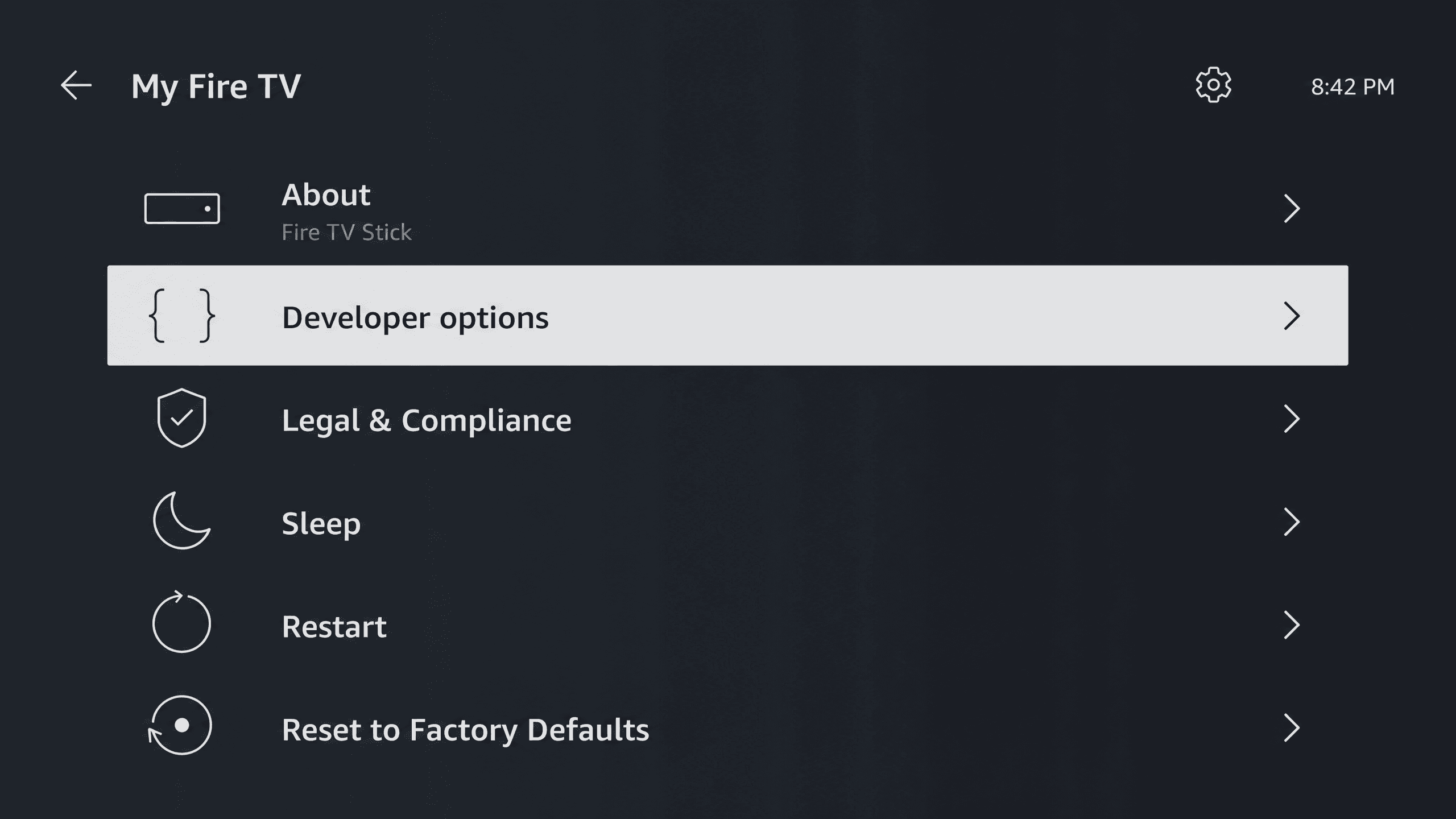My Fire TV menu with Developer options highlighted on a Fire TV Stick