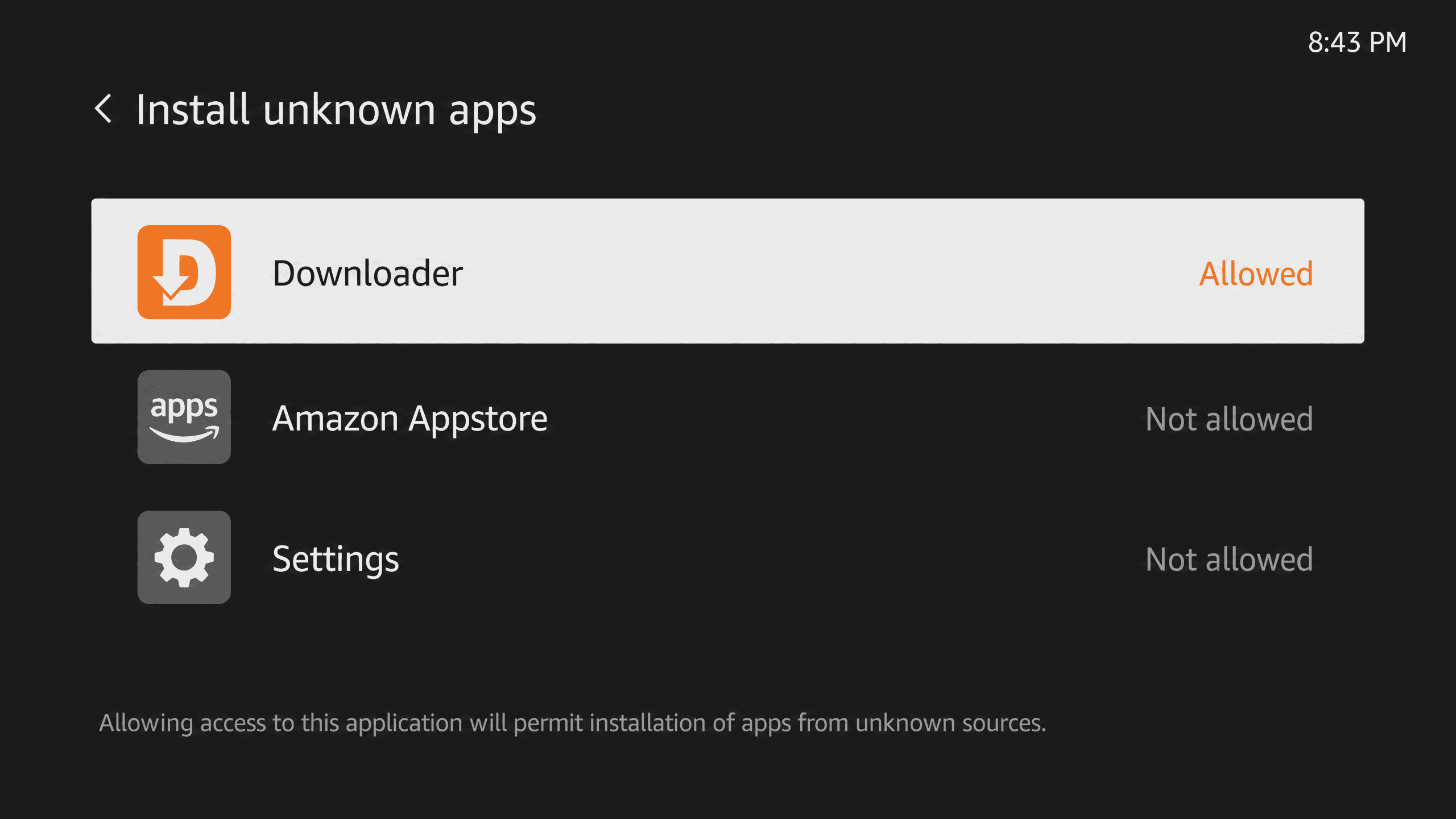 Install unknown apps screen with Downloader set to Allowed