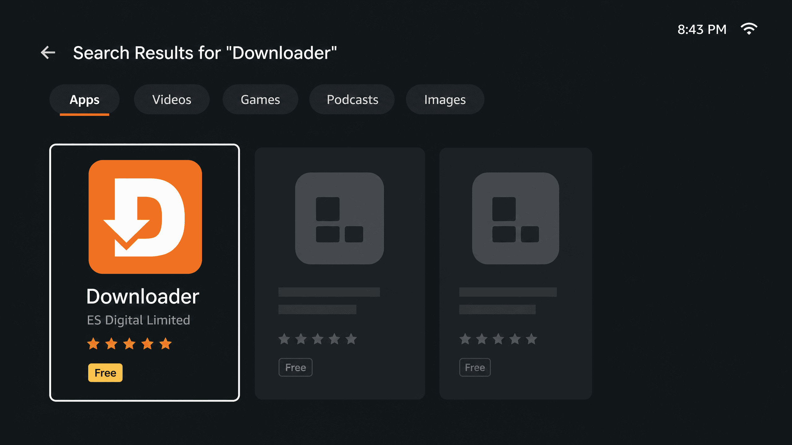 Amazon Fire TV search results showing the free Downloader app