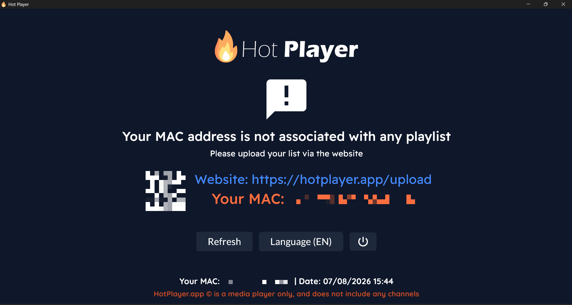 Hot Player showing the MAC address to send for activation before a playlist is linked
