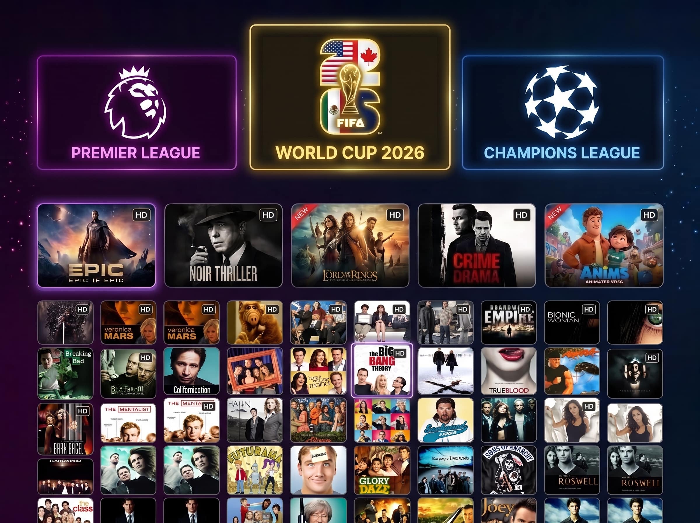 UniStream content — Premier League, World Cup 2026, Champions League, movies and series